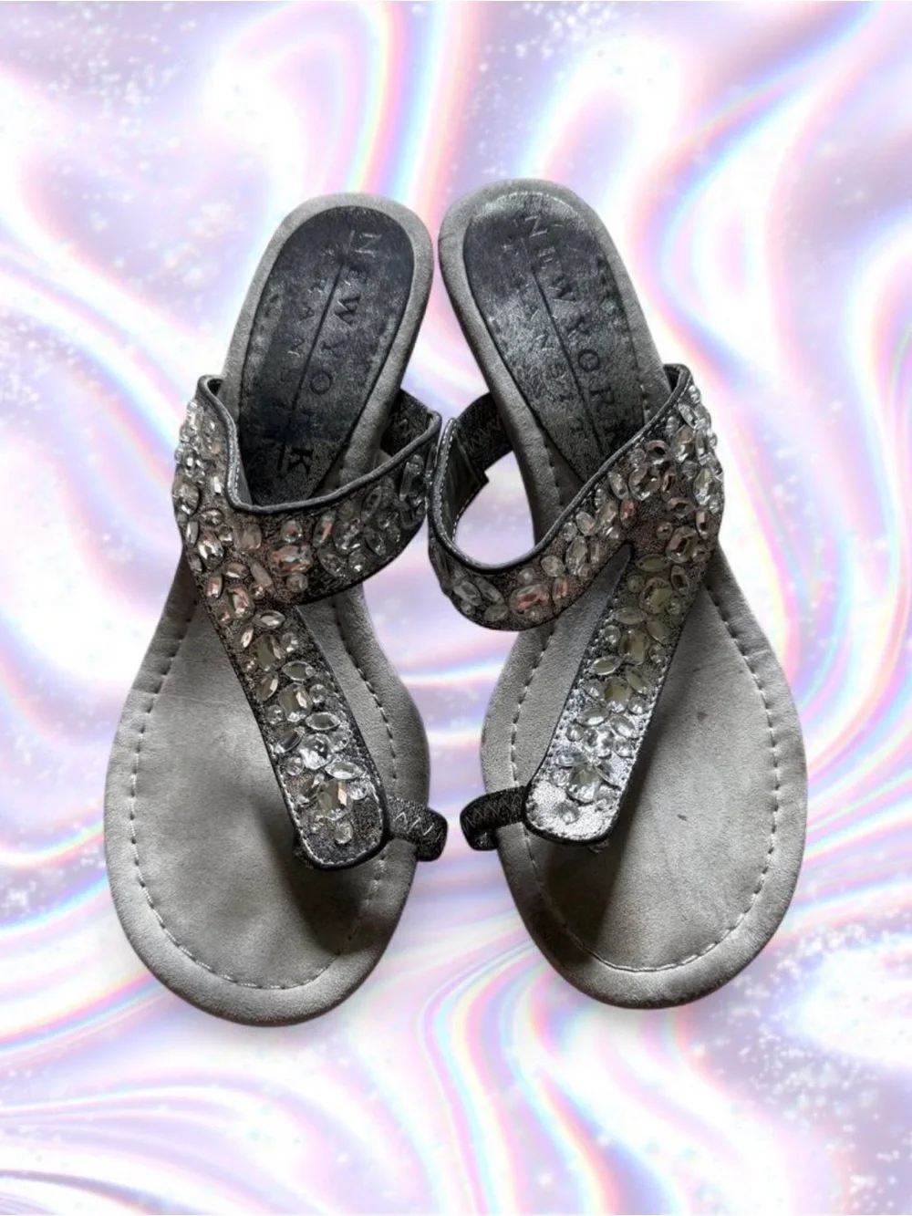New York Transit Silver Jeweled Wedge Thong Sandals